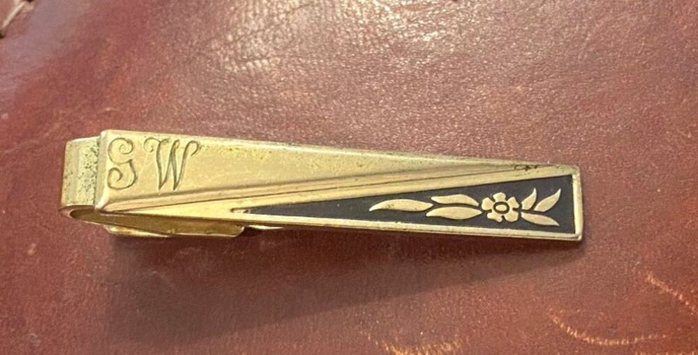 VTG Speidel Tie Bar, Gold Tone with Black , 1 3/4", Mono "SW" or "GW"